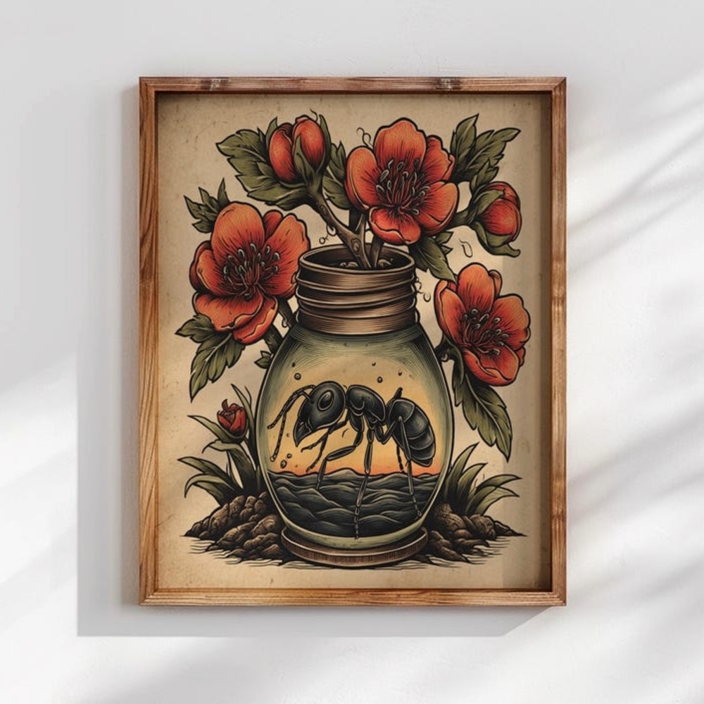 Vintage Ant Art Print, Traditional Tattoo Style Insect in Glass Jar Florals, Got